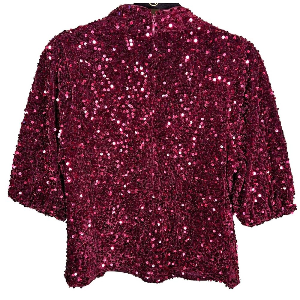 Nanette Lepore Beautiful Red Ruby Velvet Sequined Holiday Event Top Size M - Picture 3 of 9